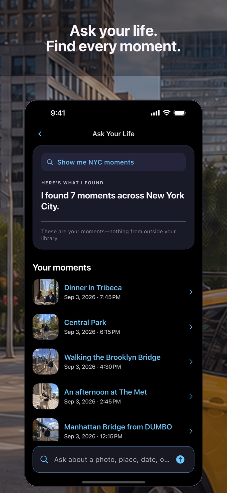 Vignetra Ask Your Life screen with natural-language memory questions