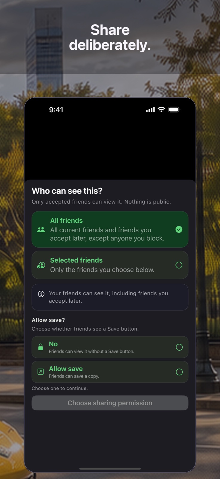 Vignetra sharing screen for choosing a private audience